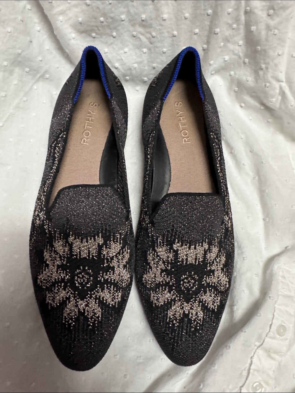 Rothy's Black Knit Loafers with Metallic Silver Pattern